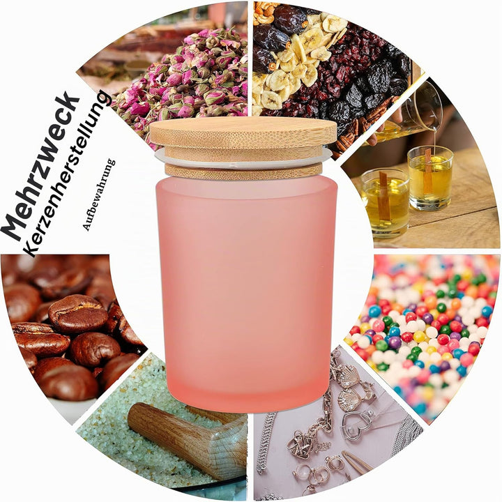 MILIVIXAY 12 Stück 340 ml mattrosa Glaskerzengläser mit Deckel und Kerzenherstellungs-Kits – leere K