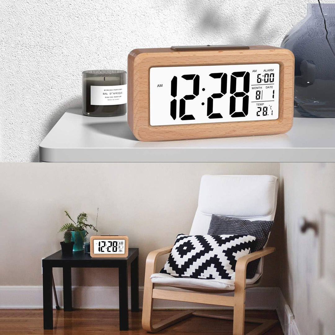 DTKID Wecker,Digital Wecker aus Holz Mit Grosser LCD Display Datum Und Temperatur Anzeige Mit Snooze