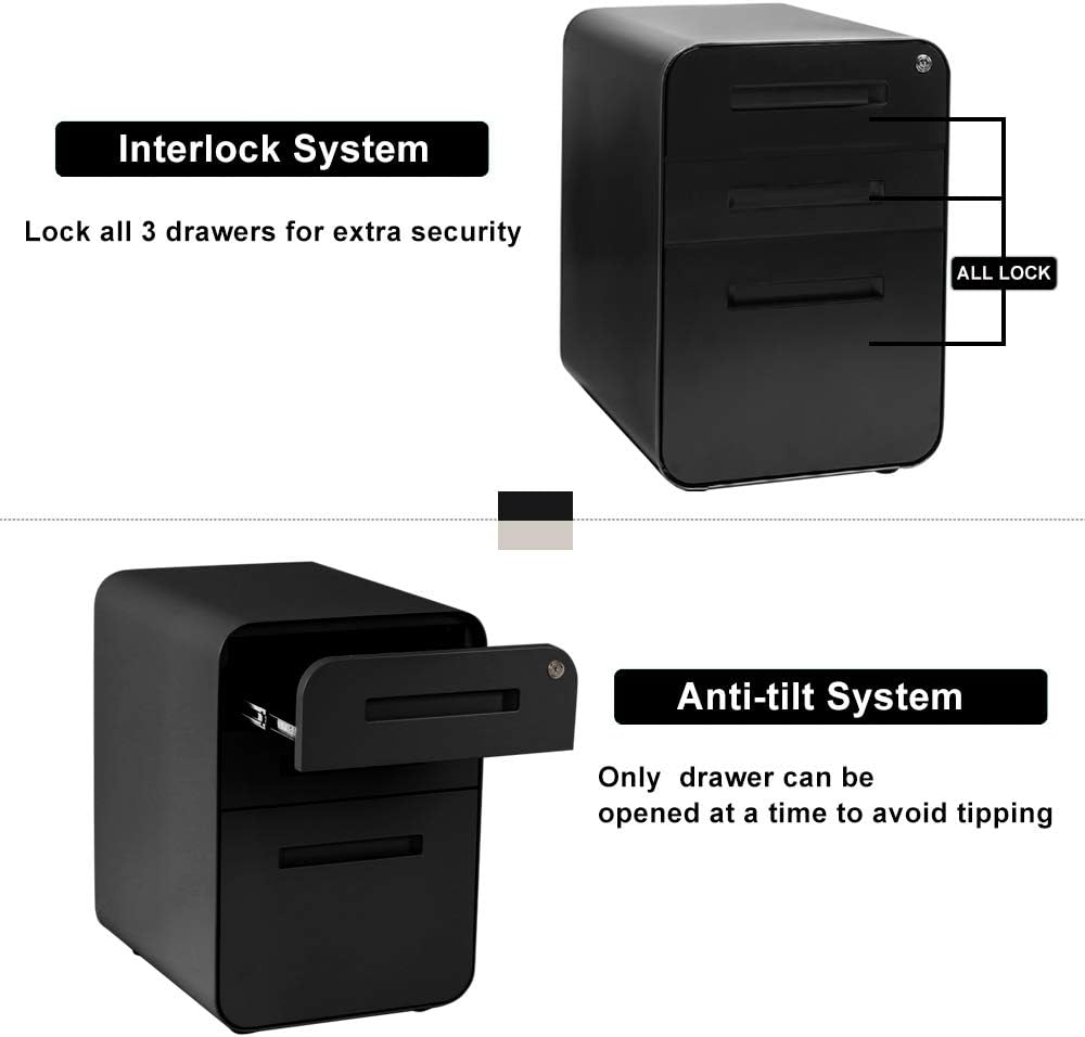 Super Solu Rollcontainer Metall Aktenschrank mit 3 Schubladen Büroschrank (Schwarz), Schwarz