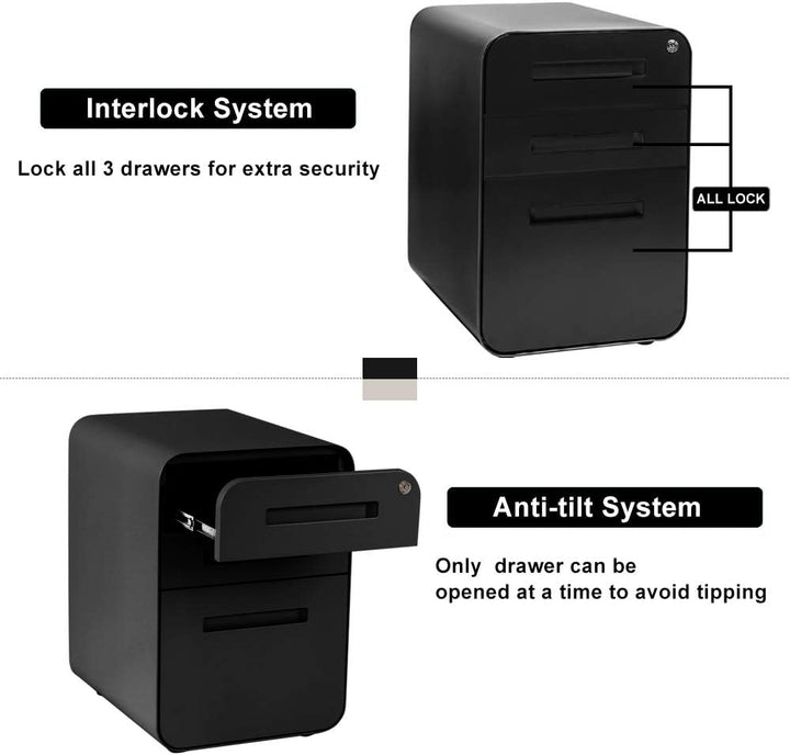 Super Solu Rollcontainer Metall Aktenschrank mit 3 Schubladen Büroschrank (Schwarz), Schwarz