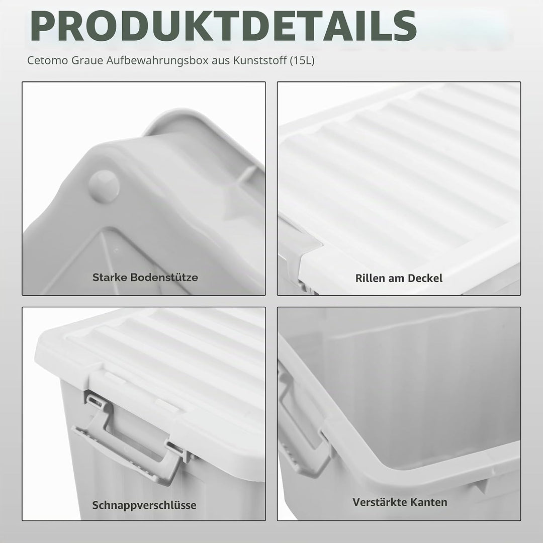 Cetomo,15L,4er-Pack, Aufbewahrungsbox mit deckel,Aufbewahrungsboxen, mit Clips, stapelbar, Wohnzimme