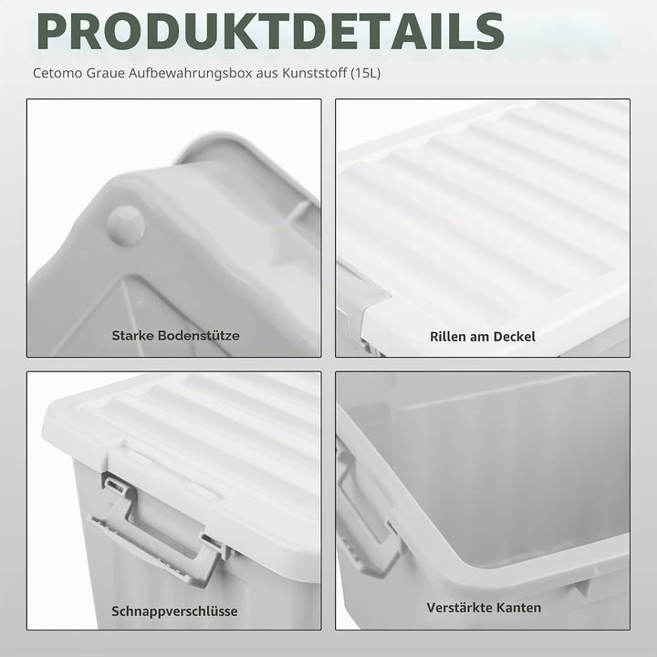 Cetomo,15L,4er-Pack, Aufbewahrungsbox mit deckel,Aufbewahrungsboxen, mit Clips, stapelbar, Wohnzimme