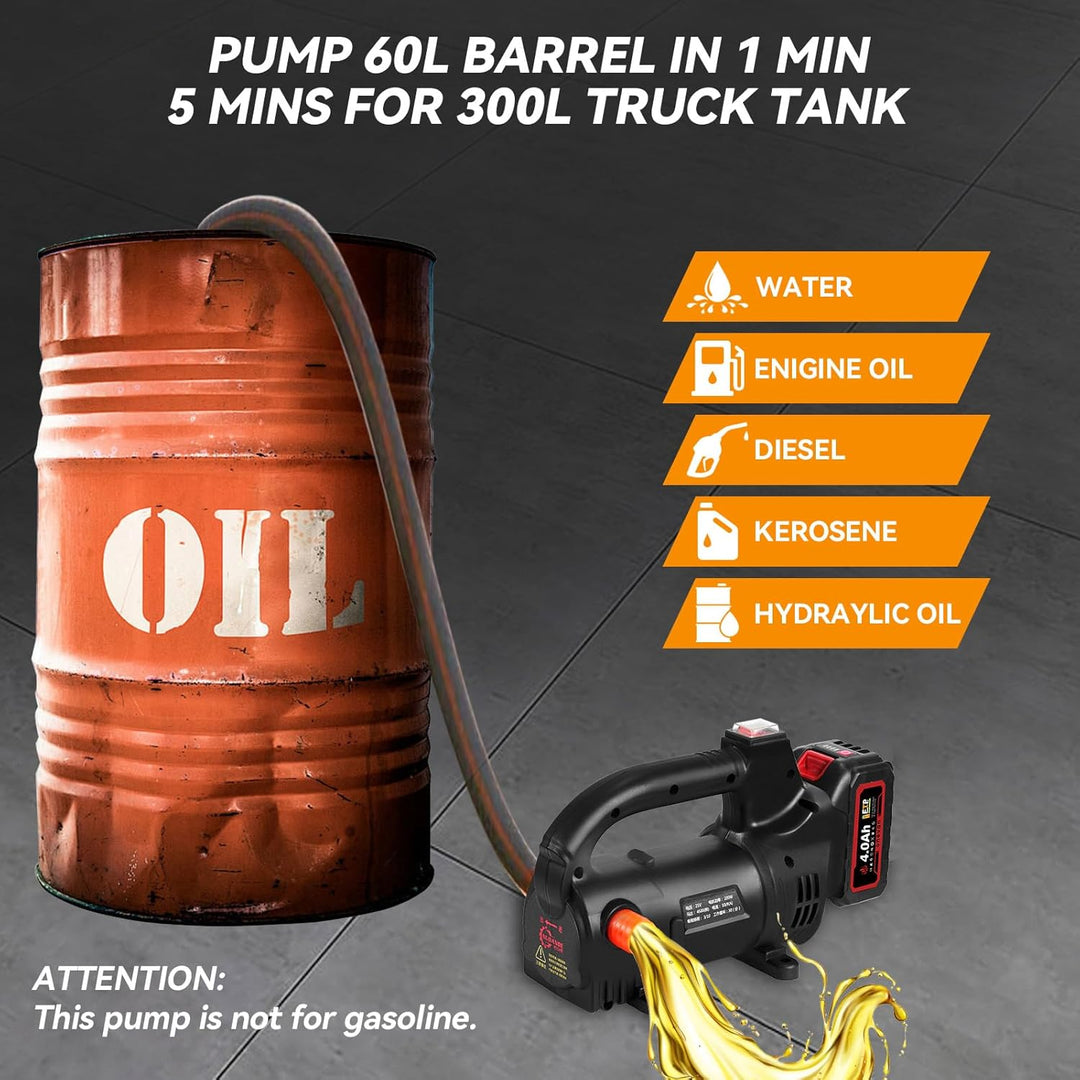 ONEVAN Akku Dieselpumpe mit 4000mAh Akku und Ladegerät, 40L/min Tragbare Elektrische Ölpumpe Kabello