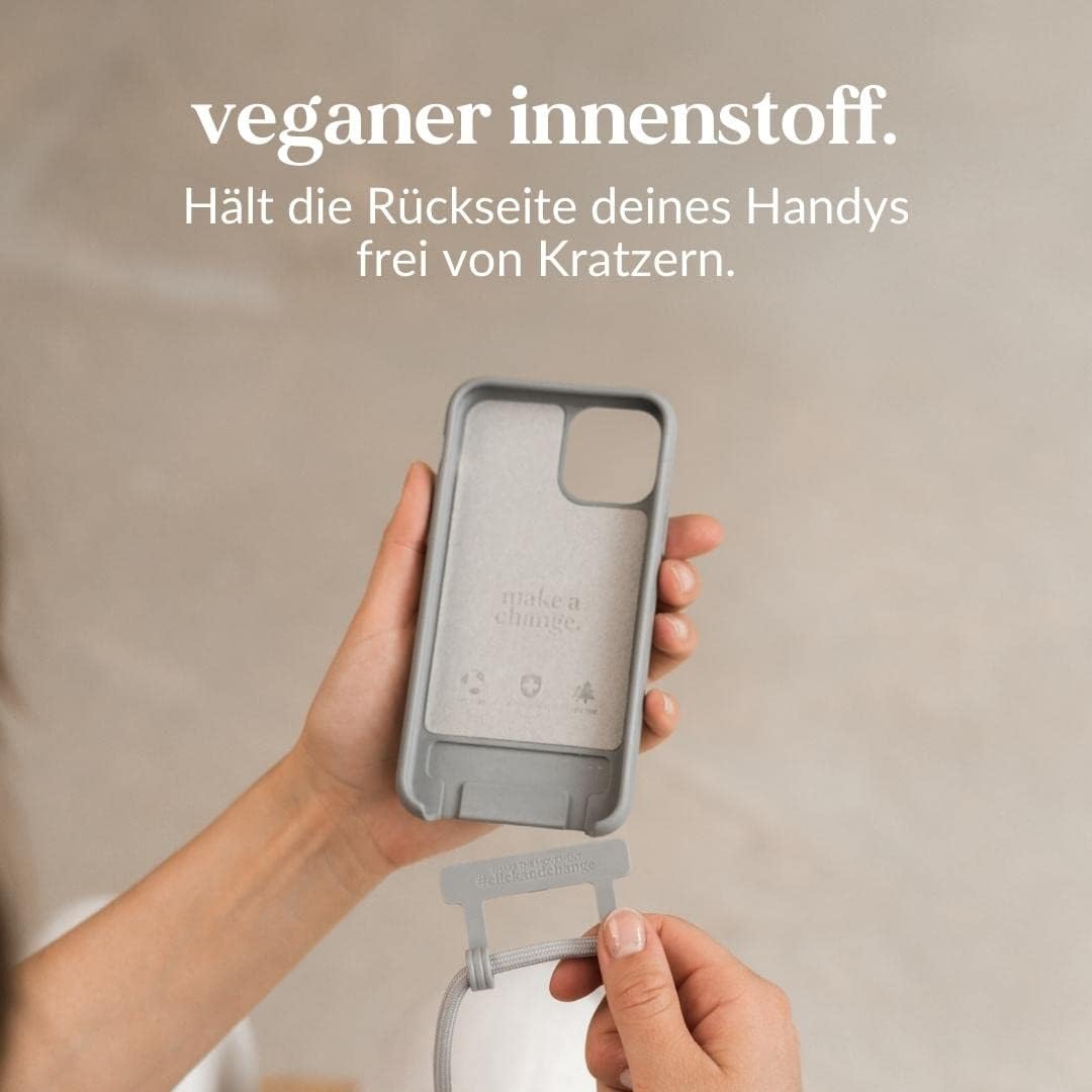 Woodcessories - Nachhaltige Handykette abnehmbar kompatibel mit iPhone 13 Mini Hülle mit Band grau -
