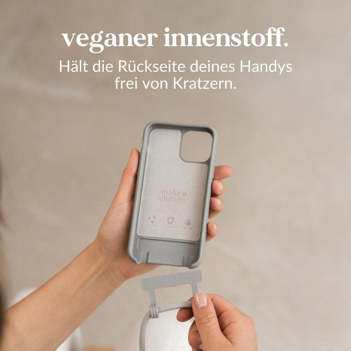 Woodcessories - Nachhaltige Handykette abnehmbar kompatibel mit iPhone 13 Mini Hülle mit Band grau -