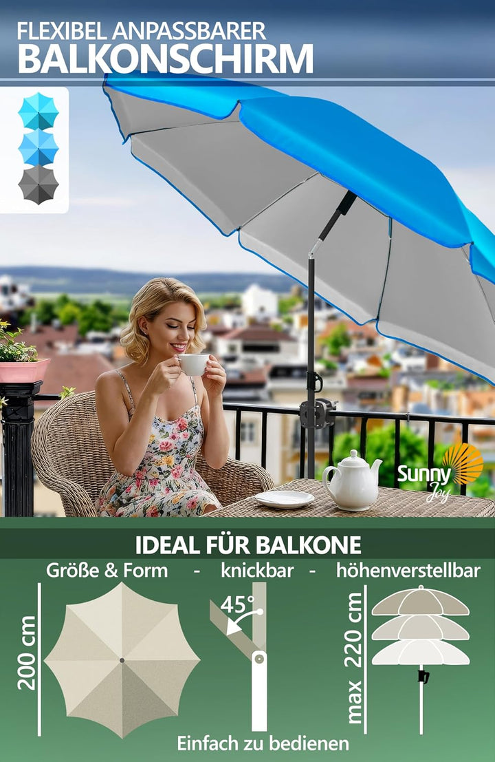 4smile Sonnenschirm Balkon SunnyJoy, 3-in-1 SET, Blau - UPF 50+ Sonnenschirm Ø 200 cm + Sonnenschirm