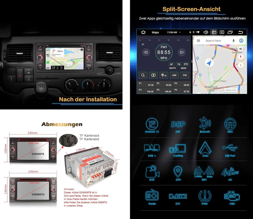 GONFEN 7 Zoll 8-Kern Android 12 Autoradio Navi für Ford Focus Transit Kuga Fiesta Galaxy C/S-MAX mit
