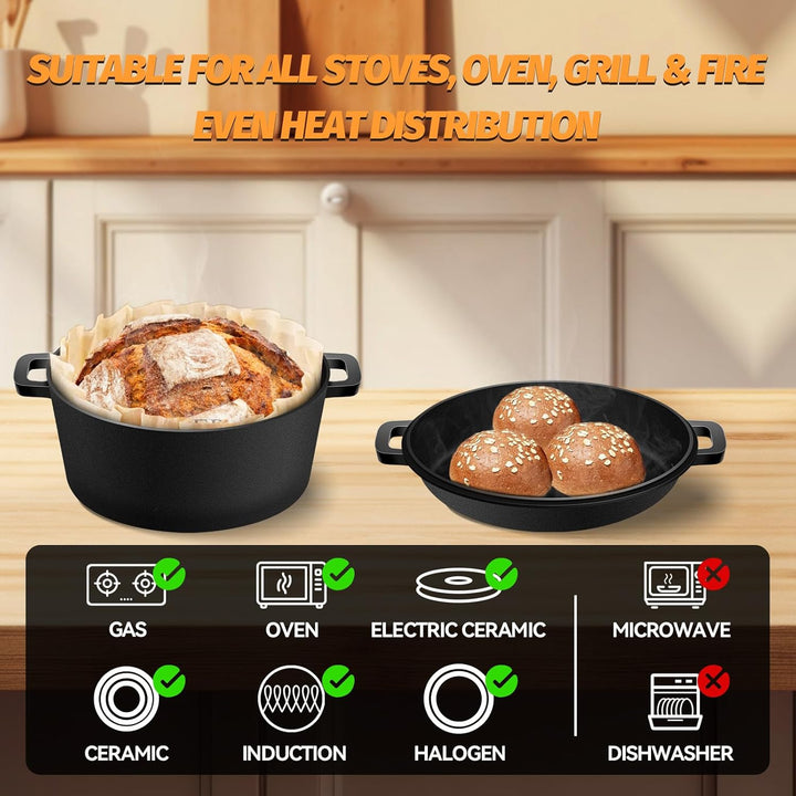 NZQXJXZ Gusseisen Topf Dutch Oven 26cm, Brotbacktopf mit Deckel zum Brotbacken, 2-in-1 Brotbackform