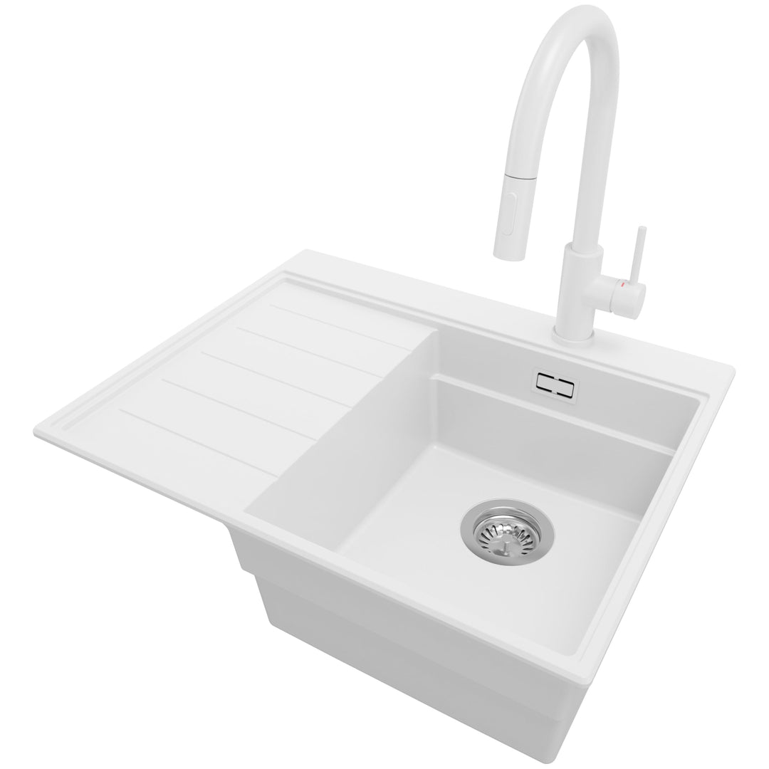 Granitspüle Weiss 62x50 cm, Spülbecken + Ablauf-Set + Küchenarmatur 9000, Küchenspüle für 40er Unter