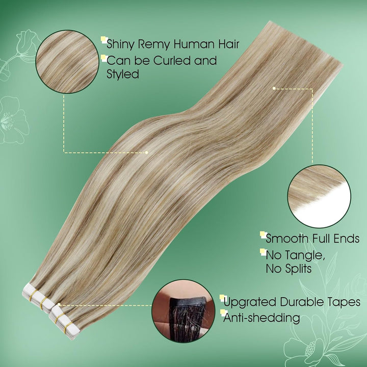 RUNATURE Tape in Extensions Braun Blond 55cm Echthaar Extensions Tape in 50g Tape Extensions Echthaa