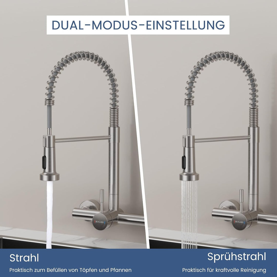 wasserhahn küche wandmontage mit ausziehbarem Sprühkopf, Hoch Gebogen Wandarmatur mit 2 Strahlarten