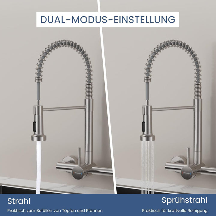 wasserhahn küche wandmontage mit ausziehbarem Sprühkopf, Hoch Gebogen Wandarmatur mit 2 Strahlarten