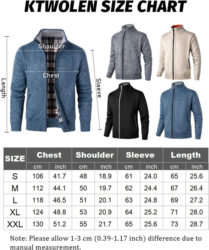 KTWOLEN Herren Strickjacke Cardigan Feinstrick Mit Stehkragen Und Reissverschluss Fleece-gefüttert W