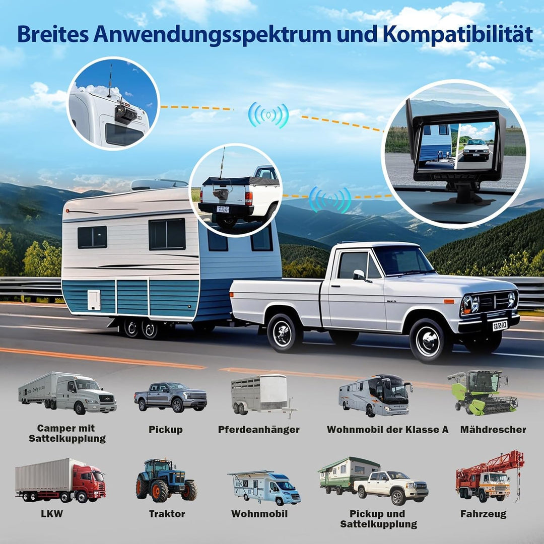 1080P Daul Magnetisch Rückfahrkamera Kabellos Solar mit 7" Display, 170° Weitwinkelobjektiv sorgt, 9