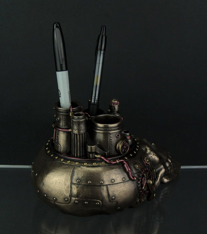 Unbekannt Harz Statuen Bronze Finish Steampunk Stil Menschlicher Schädel Kamin Desktop Stifthalter 1