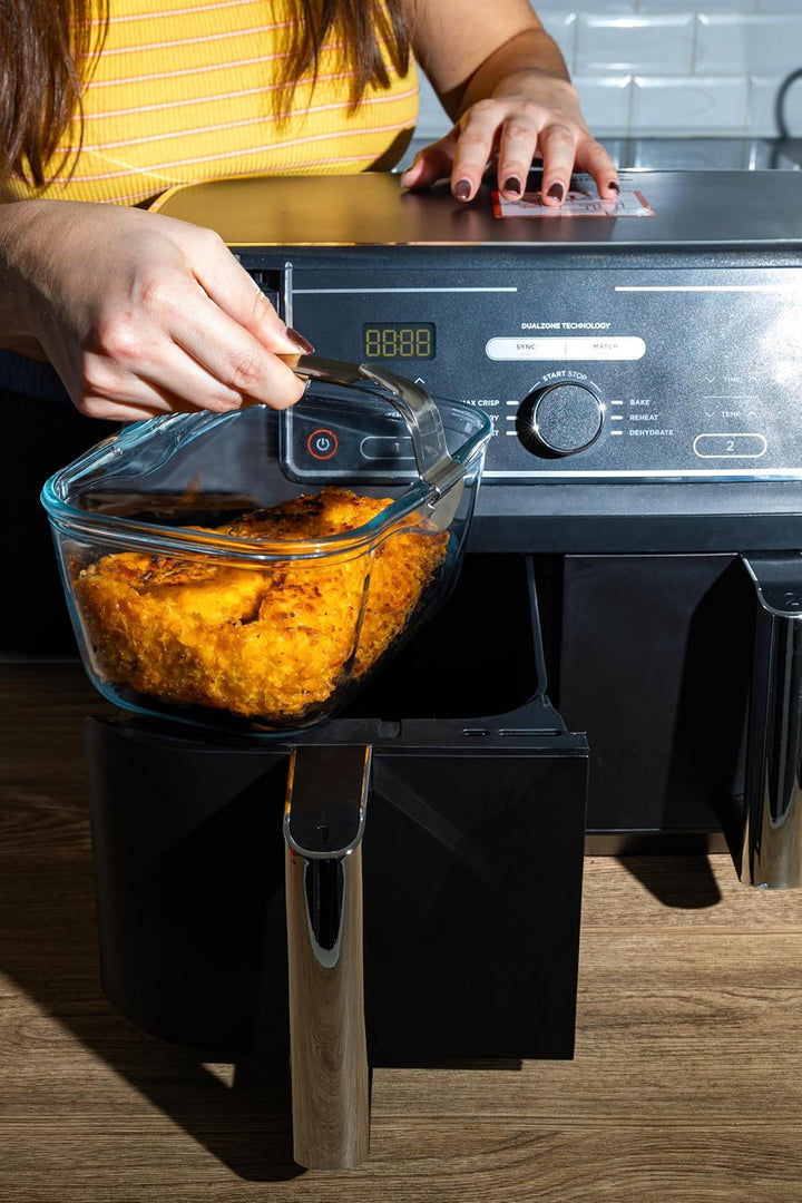 PYREX Ideal Air Fryer Glas-Backform 20 x 14 cm mit abnehmbarem Edelstahl-Clip-Griff für Dual-Korb-Lu