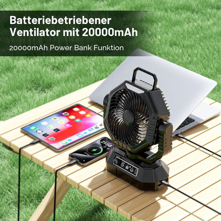 AJVV Camping Ventilator mit akku 20000mAh, Akku Ventilator mit Fernbedienung/LED Licht/270° Drehung,