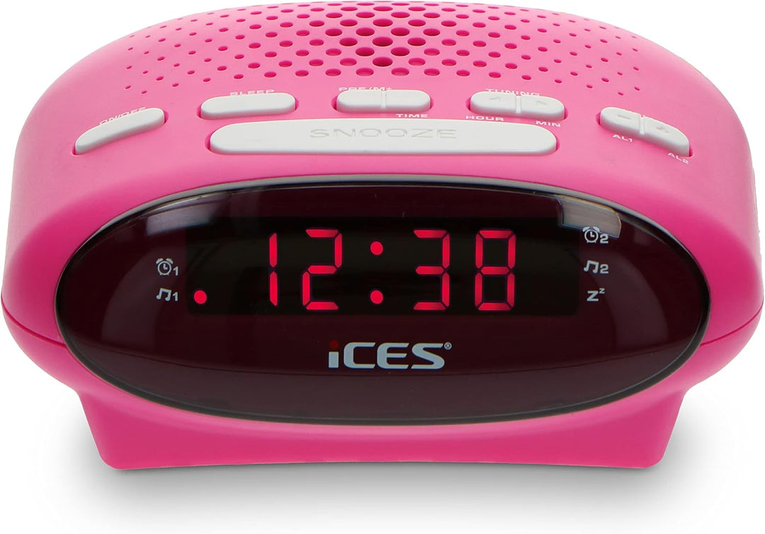 Ices ICR-210 Pink - FM Uhrenradio - Radiowecker mit 2 Weckzeiten - PLL FM - Schlummerfunktion - Slee