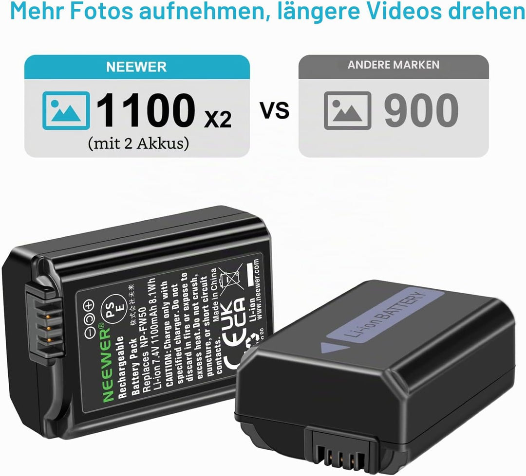 NEEWER NP-FW50 Kamera Akku Ladegerät Set Kompatibel mit Sony ZV-E10, A7, A7R, A7RII, A7II, A7SII, A7