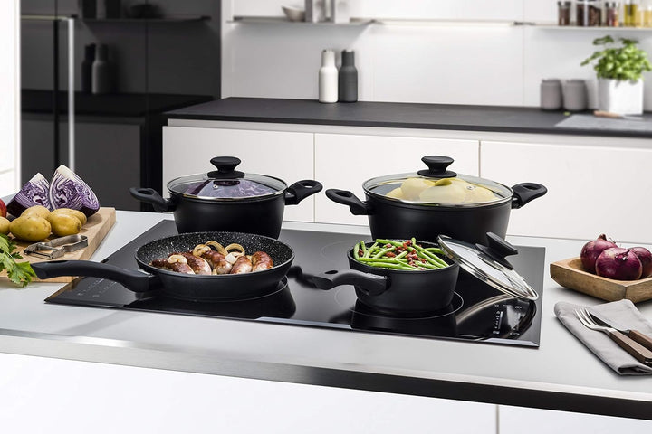 Linnuo Topfset Topf Pfannenset 7tlg - 3 Töpfe mit Glasdeckel & 1 Pfanne - Alu Kochtopf Set Marmor Ke