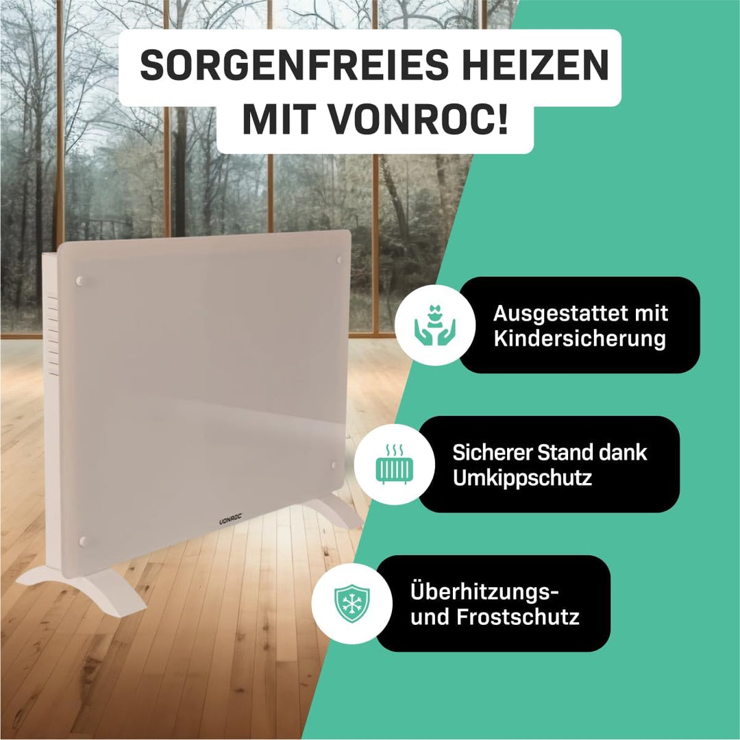 VONROC Elektroheizung energiesparend 1500W - Konvektor Heizung [18qm Räume] - Mobile Elektrische Hei