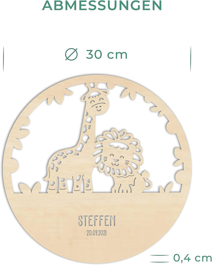 LAUBLUST Nachtlicht Kinderzimmer Personalisiert - Löwe & Giraffe - 30x0,4 cm - Natur - Wandlampe Hol