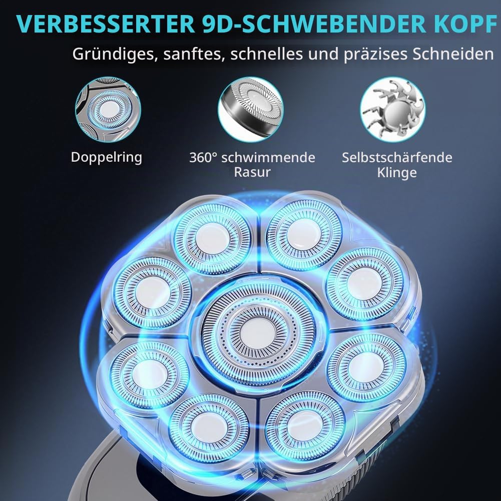 OFFCUP Glatzen Rasierer Herren IPX6 Wasserdicht Kopfrasierer Glatze mit 9D Scherköpfe Wiederaufladba