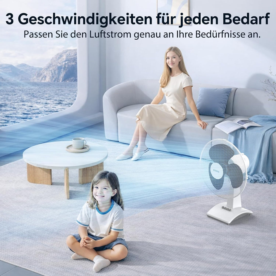 shinic Tischventilator 30 cm, 3 Geschwindigkeiten, Tischventilator sehr leise mit Oszillation, höhen