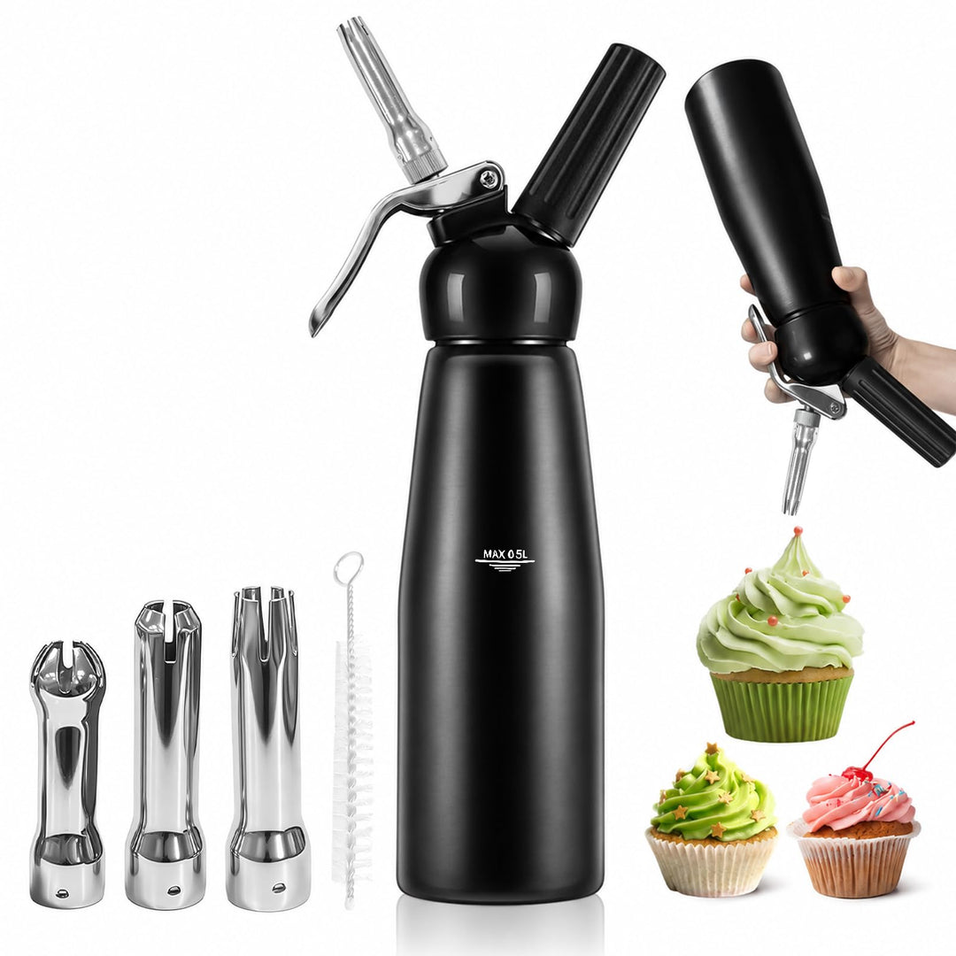 Sahnespender, Sahnesyphon, Sahnespender Edelstahl 500ml, Espuma Flasche, für Sahne, Schlagsahne, Mou