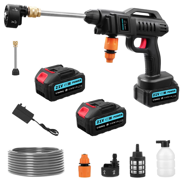 Kabelloser Hochdruckreiniger 21V 62 Bar 3000W Tragbar - Mit Akku, Ladegerät, 6-in-1 Verstellbarer Dü