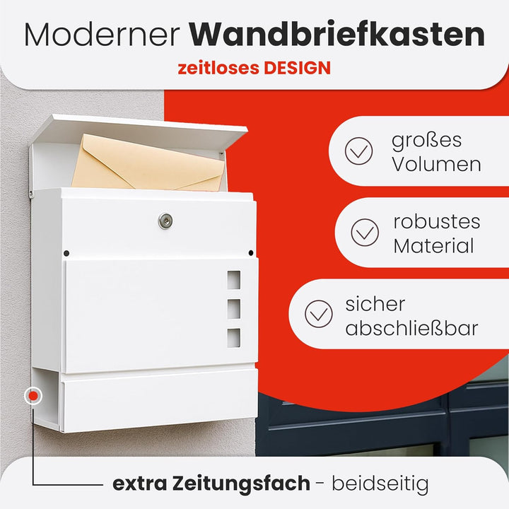 Rapid Teck® Design Briefkasten Modern 2 Weiss Silber mit Zeitungsfach, Stahl Pulverbeschichtet Weiss
