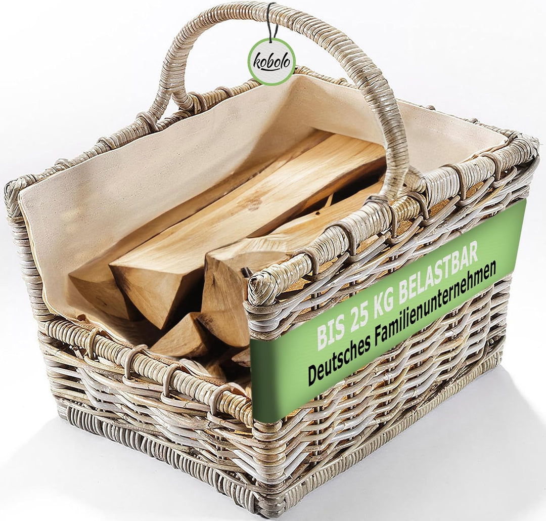 Kobolo Kaminholzkorb Holztrage Holzkorb für Kaminholz Rattan grau mit abnehmbarem, 50x38x33