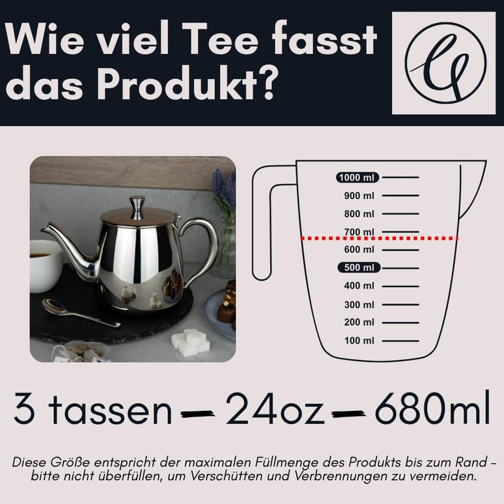 Café Olé PT-024 Cafe Ole Erstklassige Premium Teekanne, 18/10 Edelstahl, 24 Ounces, Tropffreies Ausg