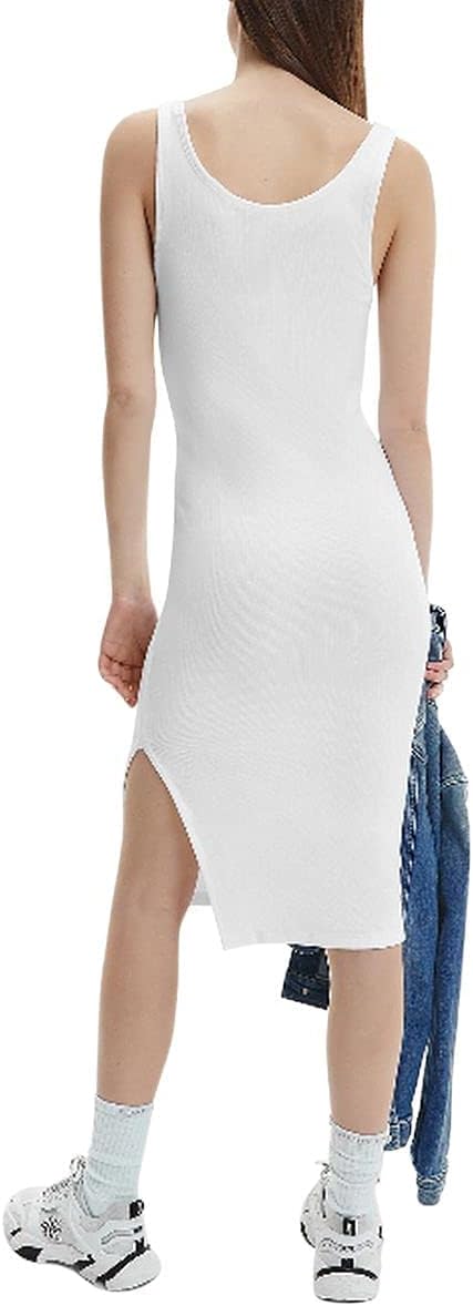Calvin Klein Jeans Damen Geripptes Trägerkleid mit Mikro-Logo Kleid L Bright White, L Bright White
