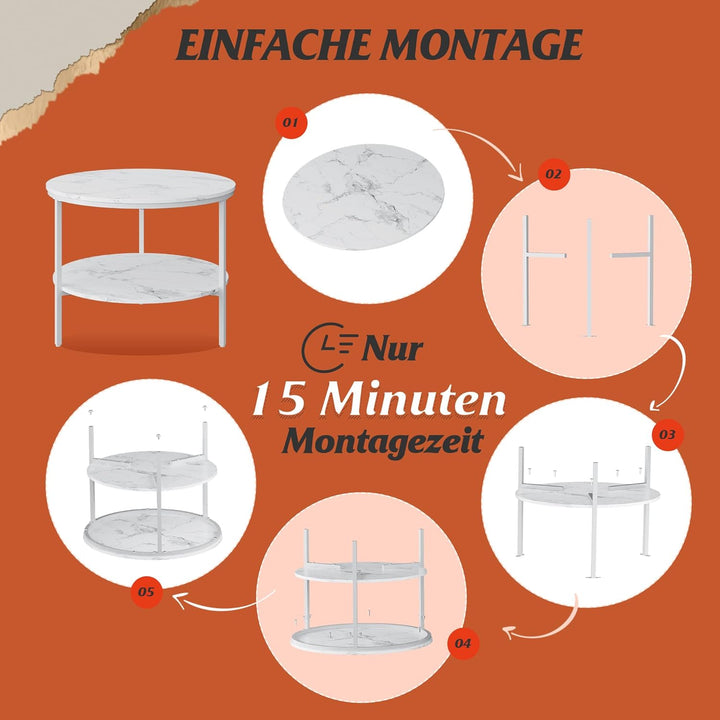 WLIVE Runder Couchtisch Weiss, Wohnzimmertisch Holz mit 2 Ebenen, Sofatisch mit viel Stauraum, für W