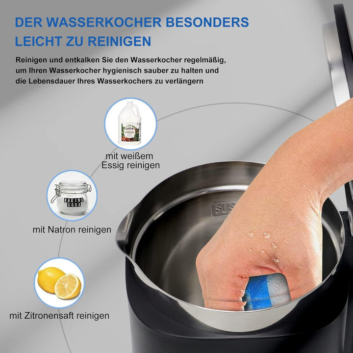 FENGJIE Elektrischer Wasserkocher, 1,0L Edelstahl Teekessel, 1360W BPA Frei Mit Strix Thermostat, Bo