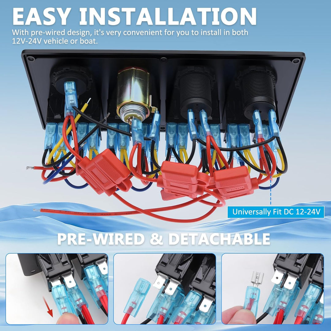 Geloo Marine Boat 8 Gang Schalter Panel Wasserdicht Toggle Rocker Zündschalter mit Voltmeter Display