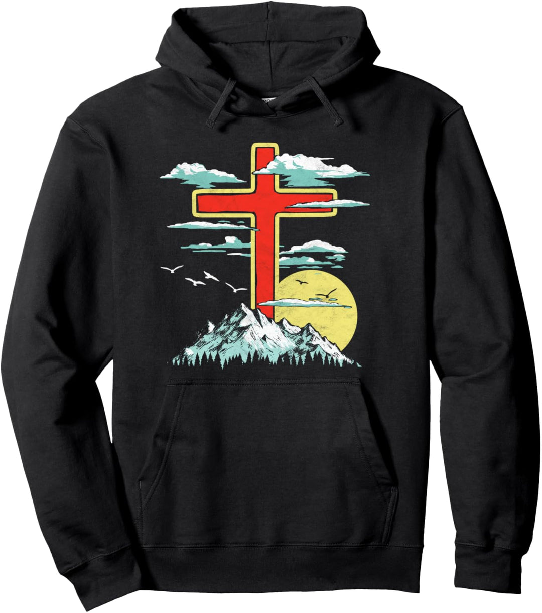 Vintage Cross Mountains & Trees Retro 80's Style Sun Nature Pullover Hoodie