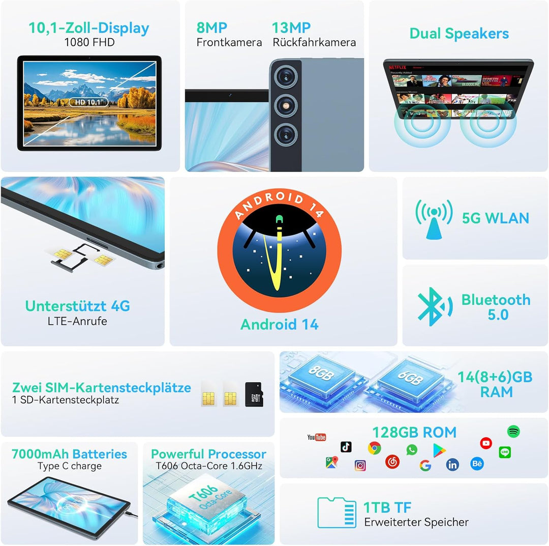 2024 Neueste Android 14 Tablet 10 Zoll,4G LTE Tablets Mit 2 SIM 1 SD slot,5G Wifi Tablet PC Mit 14GB