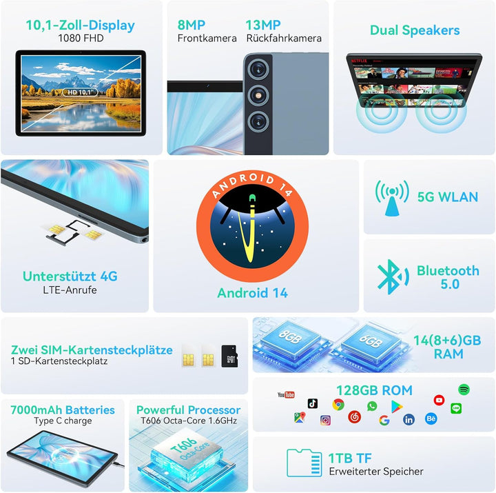 2024 Neueste Android 14 Tablet 10 Zoll,4G LTE Tablets Mit 2 SIM 1 SD slot,5G Wifi Tablet PC Mit 14GB