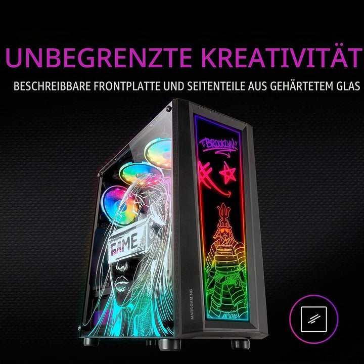 MarsGaming MC-Art Schwarz, PC Gaming ATX Gehäuse, Doppelt Zeichnbar Gehärtetes Glas, ARGB 12 Mode, 1