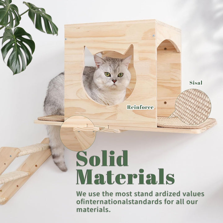 Set von Wandregalen für Katzen, mit Haus, Sisal-Kratzbaum, Kletterstufen, aus massivem Holz, für den