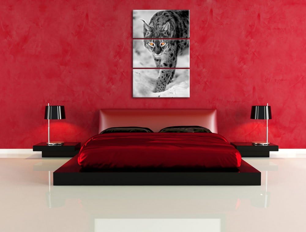 wachsamer Luchs im Schnee schwarz/weiss Deluxe 3-Teiler Leinwandbild 120x80 Bild auf Leinwand, XXL r