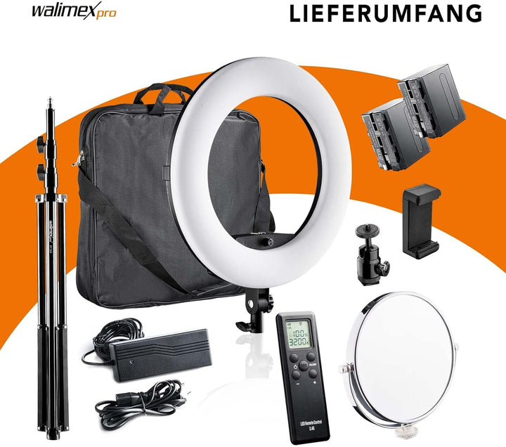 Walimex pro dimmbares LED Ringlicht mit Stativ & 2 Akkus und Ladegerät I Medow 960 Pro Bi Color I 96