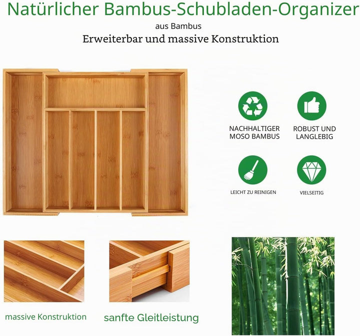 Utoplike Bambus-Besteckkasten, Besteckhalter, ausziehbarer Organizer (5-7 Fächer), Schubladenorganiz