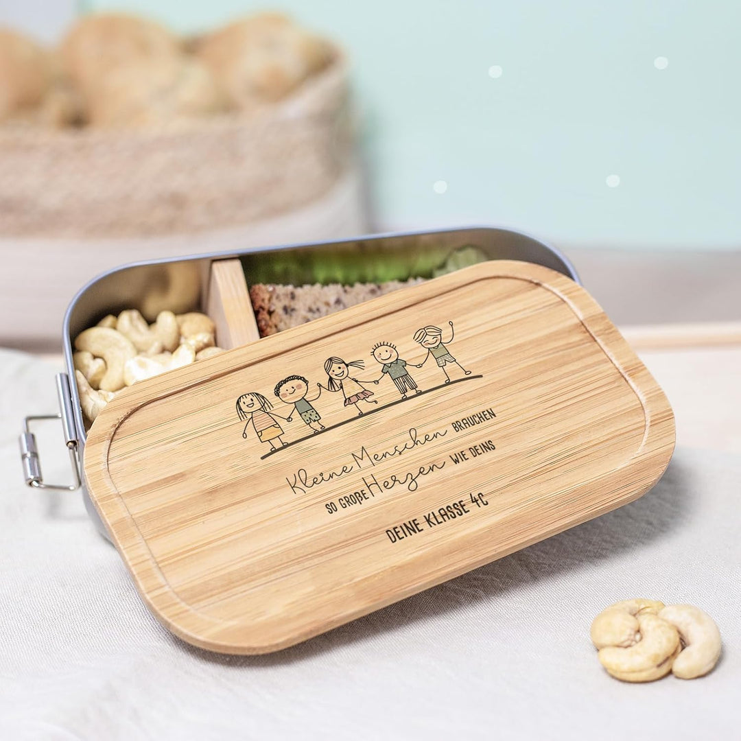 Personalisierte Lunchbox für Erzieherin, Lehrerin mit individueller Gravur - Brotdose mit Bambusdeck