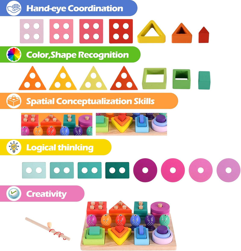 Hoiloie Montessori Spielzeug ab 1 Jahr,holzspielzeug&Stapelspielzeug,3 in 1 Farbe Erkennung Form Sor