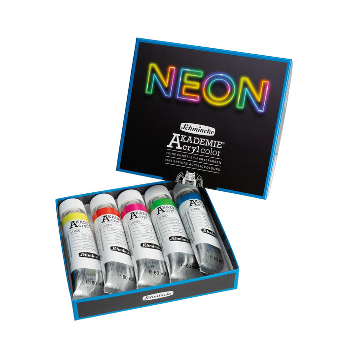 Schmincke – AKADEMIE® Acryl color, Neonfarben-Set, 76 778 097, 5 leuchtende Acrylfarben in Neonfarbe
