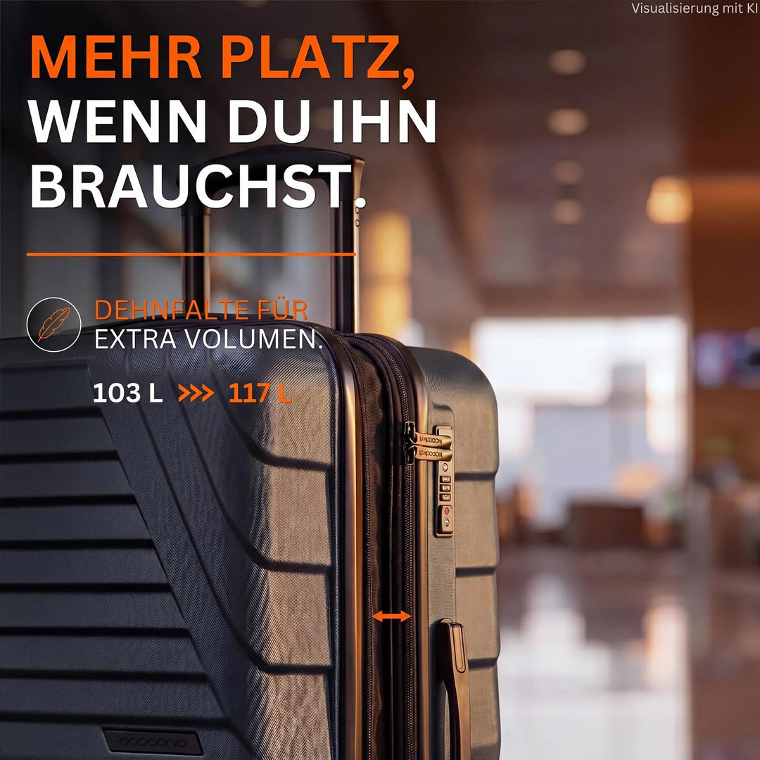 Cocoono Hartschalenkoffer XL Gross - 100L Volumen - 158cm Gurtmass - 8 Rollen 360° drehbar - Leichte
