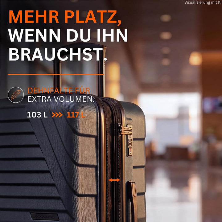 Cocoono Hartschalenkoffer XL Gross - 100L Volumen - 158cm Gurtmass - 8 Rollen 360° drehbar - Leichte